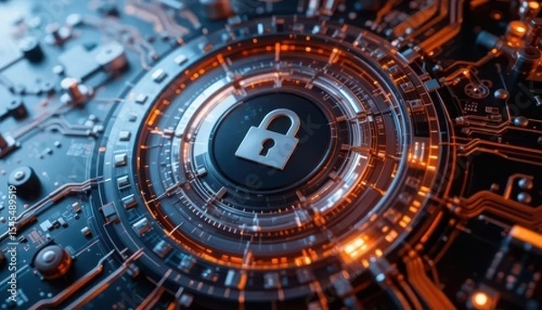 Obraz Cybersecurity awareness best practice concepts. A futuristic digital lock icon embedded in a complex circuit board, symbolizing cybersecurity and data protection.