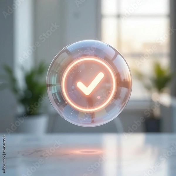 Obraz Cybersecurity awareness best practice concepts. A glowing checkmark icon inside a transparent, floating spherical bubble with a blurred indoor background.