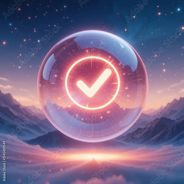 Fototapeta Cybersecurity awareness best practice concepts. A glowing checkmark symbol is encased in a transparent orb, floating above a misty mountain landscape at twilight with a starry sky backdrop.