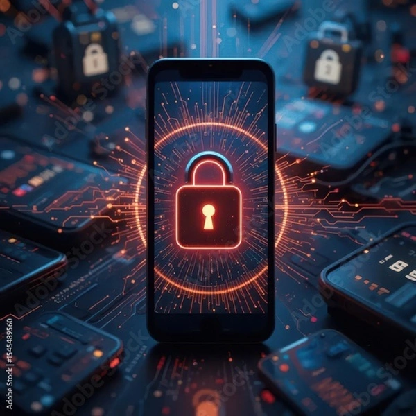 Fototapeta Cybersecurity awareness best practice concepts. A smartphone displaying a glowing red padlock, symbolizing cybersecurity and data protection, surrounded by digital devices and circuitry.
