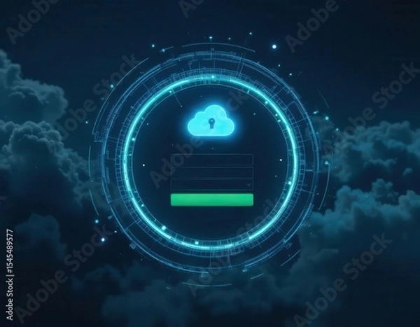 Obraz Cybersecurity awareness best practice concepts. Futuristic digital interface showing a secure cloud login screen surrounded by glowing circular data elements on a dark, cloudy background.