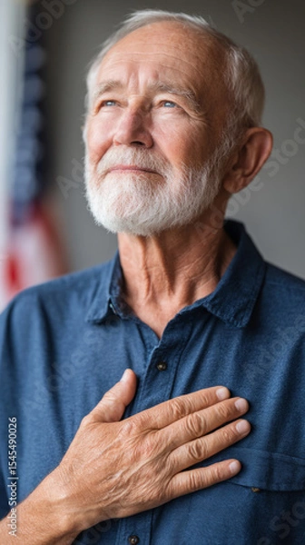Obraz Proud elderly veteran with hand on heart in patriotic reflection