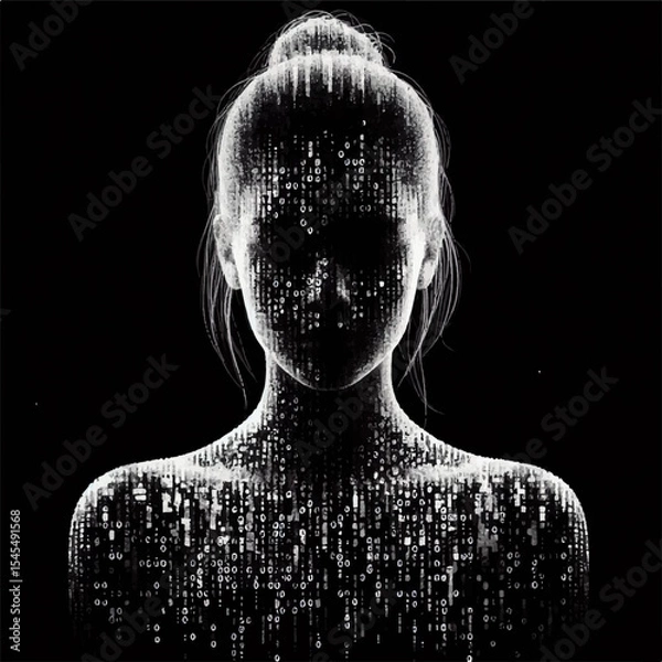 Obraz A black and white silhouette of a woman's avatar assembled from streams of digital information in the form of a programming language in a virtual space. Vector graphics. EPS.