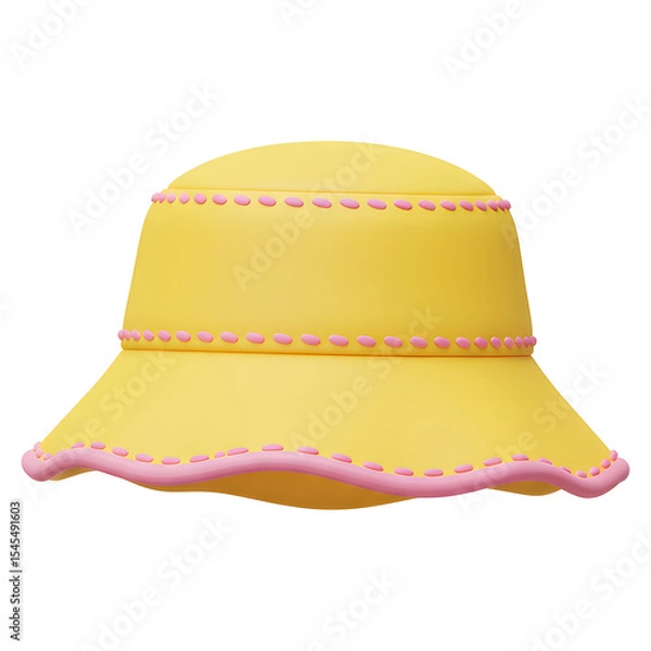 Obraz Yellow Wide-Brimmed 3D Hat with Pink Edging and Wavy Brim on White Background