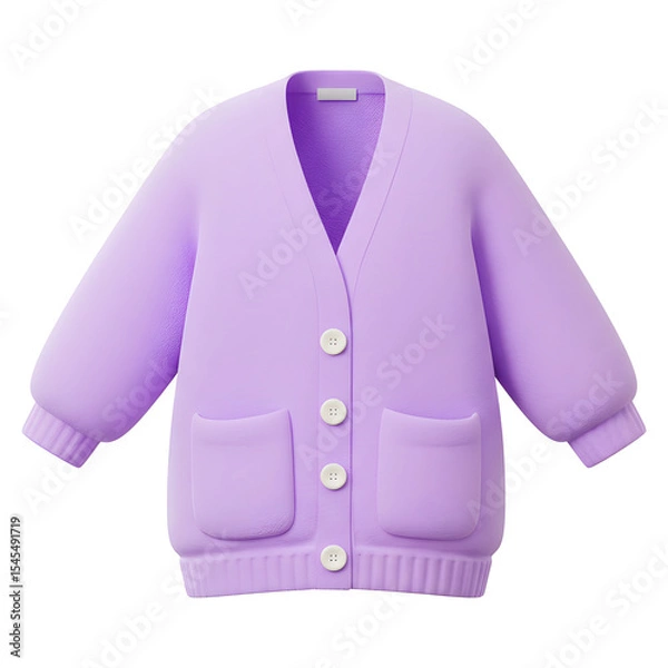 Obraz Purple Buttoned Cardigan with Pockets and Ribbed Cuffs on White Background