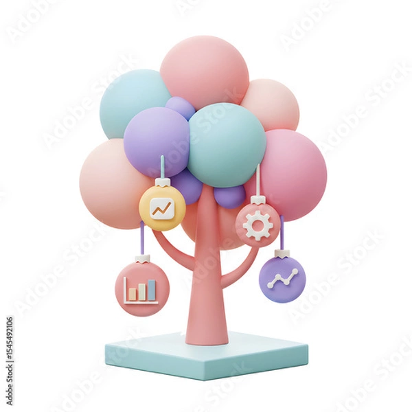 Obraz Data Analytics Concept Tree with Colorful Ornaments Representing Graphs and Gears on Pastel Branches