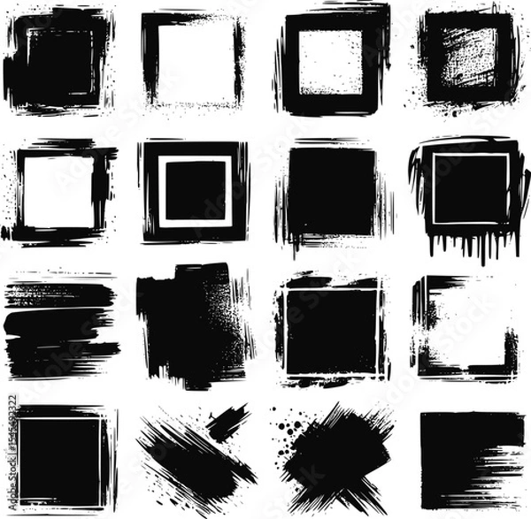 Fototapeta Black vector rough edge rectangles. Grunge square frames set. Jagged edge torn paper background collection. Paint brush strokes. Grungy distressed text boxes. EPS 10 version.