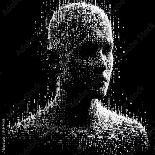 Obraz A black and white silhouette of an avatar of a person gathering from digital information flows in the form of a programming language in a virtual space. Vector graphics. EPS.	