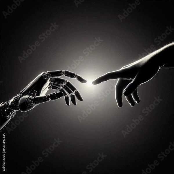 Fototapeta A black and white silhouette of a cyborg's hand and a human reaching out to each other like a creature reaching for its creator. Vector graphics. EPS.