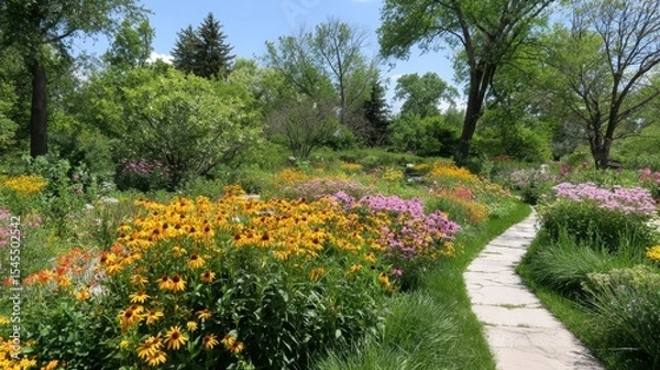Obraz Butterfly garden with pollinator-friendly flowers and neatly edged grassy paths