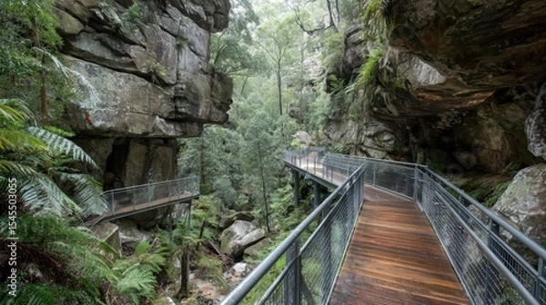 Obraz External walkway with wooden planks and metal railing crossing a green ravine