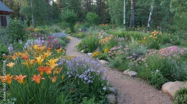Obraz Forest edge garden with native plants and woodland flowers blending into nature