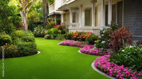 Obraz Neatly landscaped garden in front of a house with trimmed lawn and flower borders