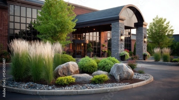 Obraz Ornamental grasses and rock garden forming modern hotel entry landscaping