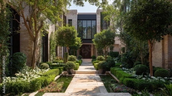 Obraz Path between symmetrical bushes leading to a large entryway of modern residence