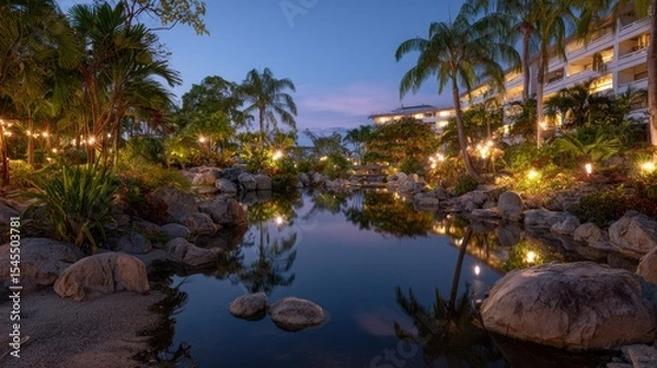Obraz Twilight shot of a romantic resort hotel with lights reflecting in garden pool