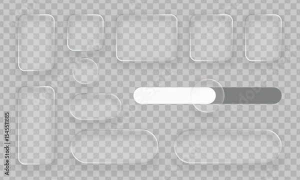 Fototapeta Multiple liquid glass panels and elements set. Modern UI and UX design concept. Transparent frames and buttons for web interfaces.