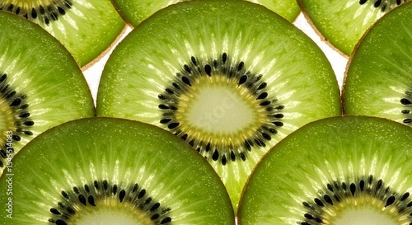 Obraz Translucent kiwi slices reveal intricate seed patterns against a bright white backdrop