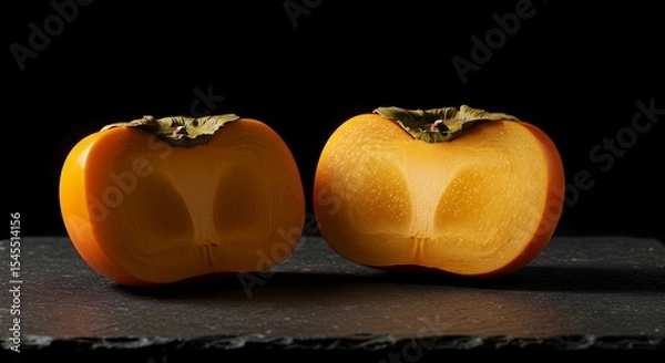 Obraz Two Halved Persimmons on Dark Slate, Dramatic Lighting