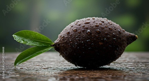 Obraz Unique Brown Fruit with Green Leaves, Covered in Raindrops, on Wet Surface