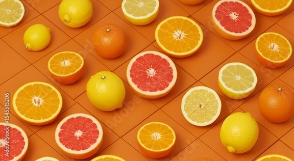 Obraz Vibrant Citrus Medley: A Colorful Array of Sliced and Whole Fruits on Orange Surface