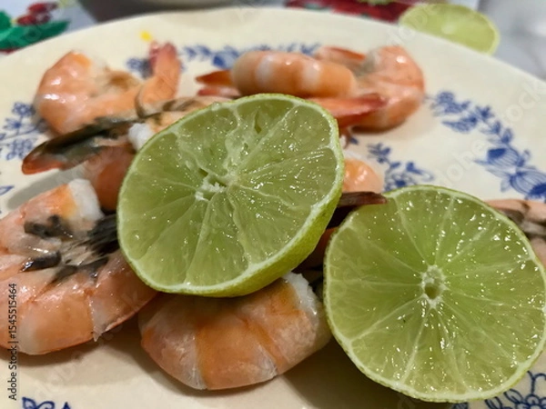 Obraz Cooked Shrimp Served with Half a Lemon