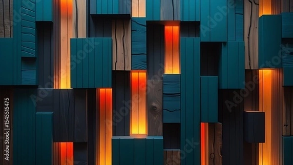 Fototapeta Abstract 3D wall design made of vertical wooden blocks in various lengths and widths. The blocks are arranged in a geometric pattern with alternating deep teal, matte black, and rich wood textures.