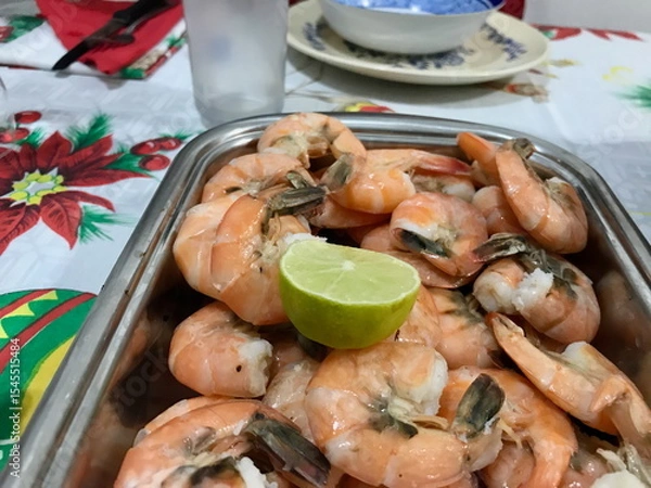 Obraz Cooked Shrimp Served with Half a Lemon