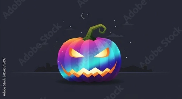 Obraz Vibrant Halloween Pumpkin with Glowing Eyes and Jagged Smile Under Crescent Moon