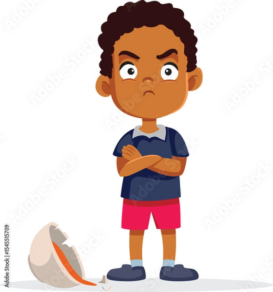 Fototapeta Mean Boy Broke the Dishes Without Regret Vector Character. Unruly child causes damage to the dishware and acts out
