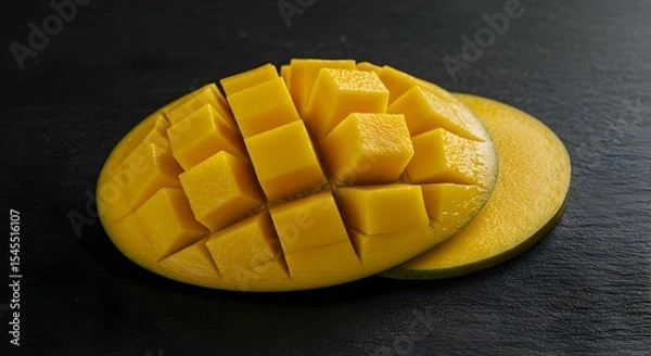 Obraz Vibrant Mango, Cubed and Sliced, on a Dark, Textured Surface, Close-Up