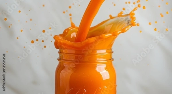 Obraz Vibrant Orange Juice Pouring into Glass Jar with Dynamic Splash and Droplets