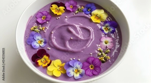 Obraz Vibrant Purple Smoothie Bowl Adorned with Colorful Pansies and Delicate White Pearls