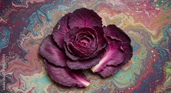 Obraz Vibrant Red Cabbage Head on Abstract Swirl Background, Textured Leaves, Colorful Food