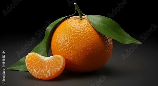 Obraz Vibrant tangerine with leaves and a juicy segment on a dark background