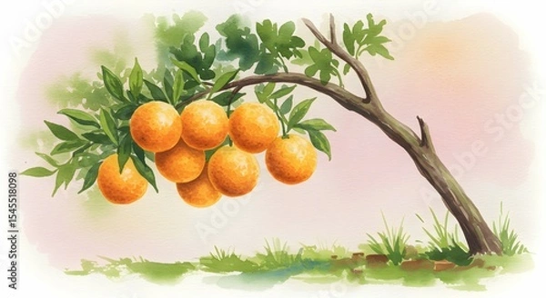 Obraz Watercolor orange tree branch laden with ripe fruit against a soft pink sky