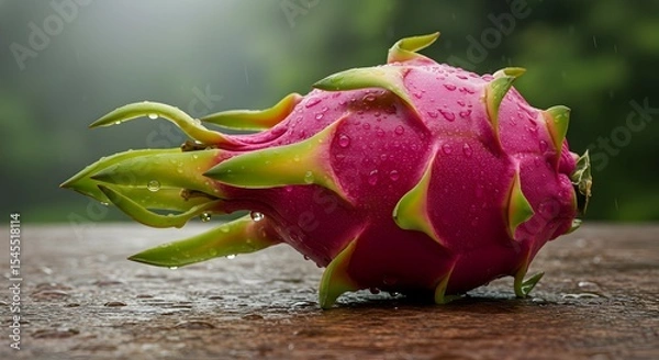 Obraz Wet Dragon Fruit on Wooden Surface with Raindrops and Green Foliage Backdrop
