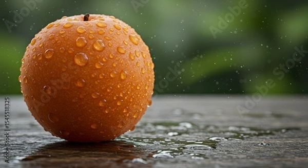 Obraz Wet orange with water droplets on wooden surface against blurred green background