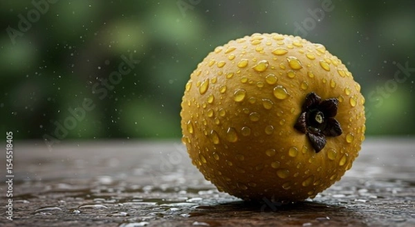 Obraz Wet Yellow Persimmon with Raindrops on Wooden Surface, Blurred Green Background