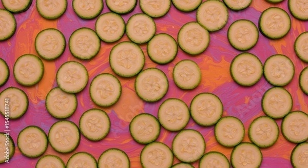Obraz Zucchini slices on vibrant pink and orange marble background, creating a fresh and colorful food pattern.