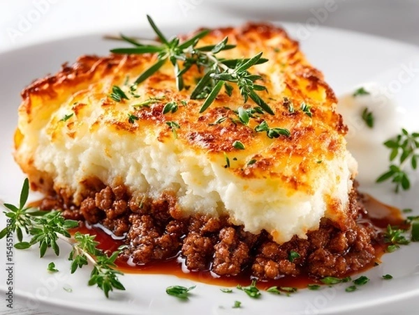 Fototapeta Delicious shepherds pie is presented on white plate with fresh herbs and dollop of cream topping dish.