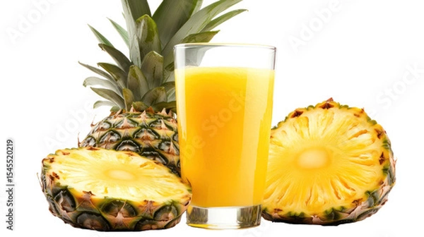 Fototapeta Fresh Pineapple Juice with Whole Pineapples and Slices on a White Background