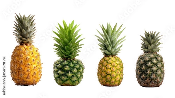 Fototapeta Four Pineapples Displaying Different Ripeness Stages on a Dark Background