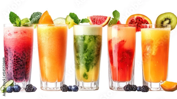 Fototapeta Refreshing Smoothie Beverages in Colorful Glasses with Fresh Fruits and Mint Leaves