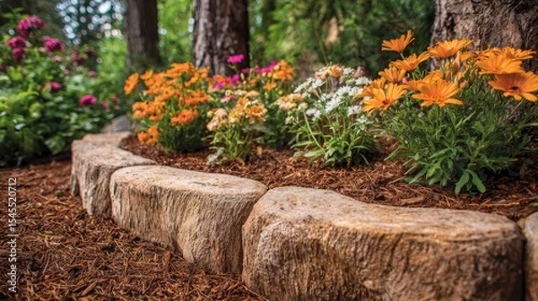 Fototapeta Curved stone edging around a circular flowerbed with blooming annuals and a layer of wood chips