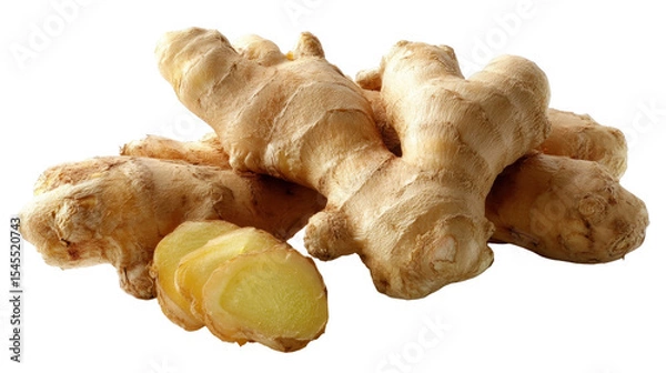 Fototapeta Fresh Raw Ginger Roots and Slices on a White Background for Culinary and Health Applications