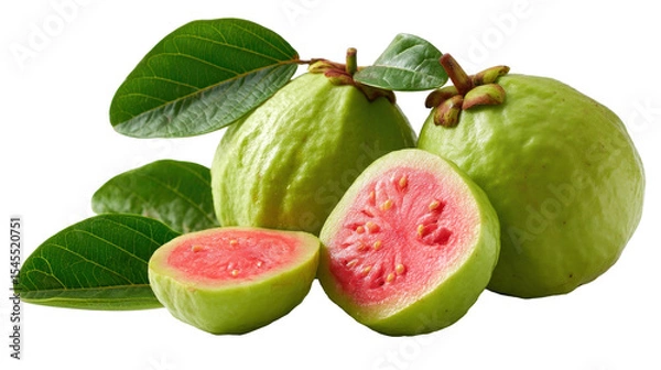 Fototapeta Fresh Green Guava Fruit with Pink Flesh and Green Leaves on a White Background, Isolated and Ready for Culinary Use