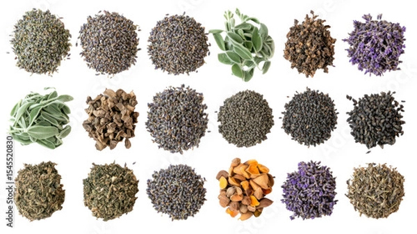 Fototapeta Collection of Dried Herbs and Spices Displayed in Circular Piles for Culinary and Herbal Use