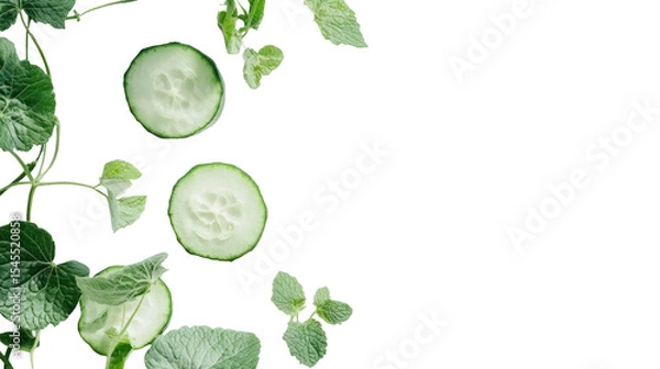 Fototapeta Fresh cucumber slices and green herbs on a black background perfect for healthy food concepts or culinary designs