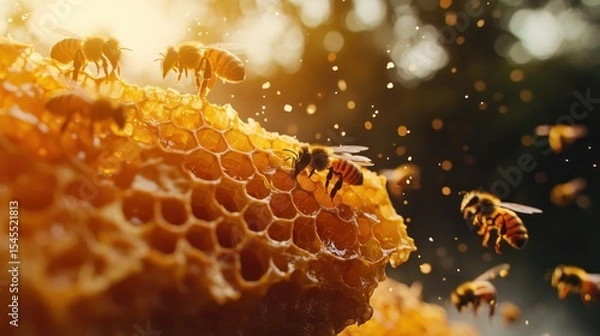 Fototapeta Golden honeycomb filled with sweet honey, buzzing with busy bees